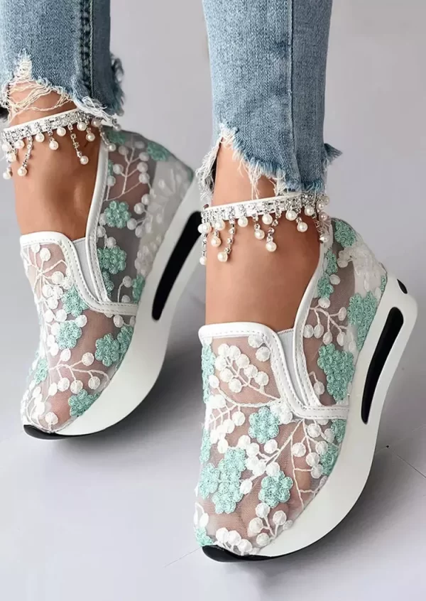 Green Lace Embroidery Mesh Slip On Platform Sneakers