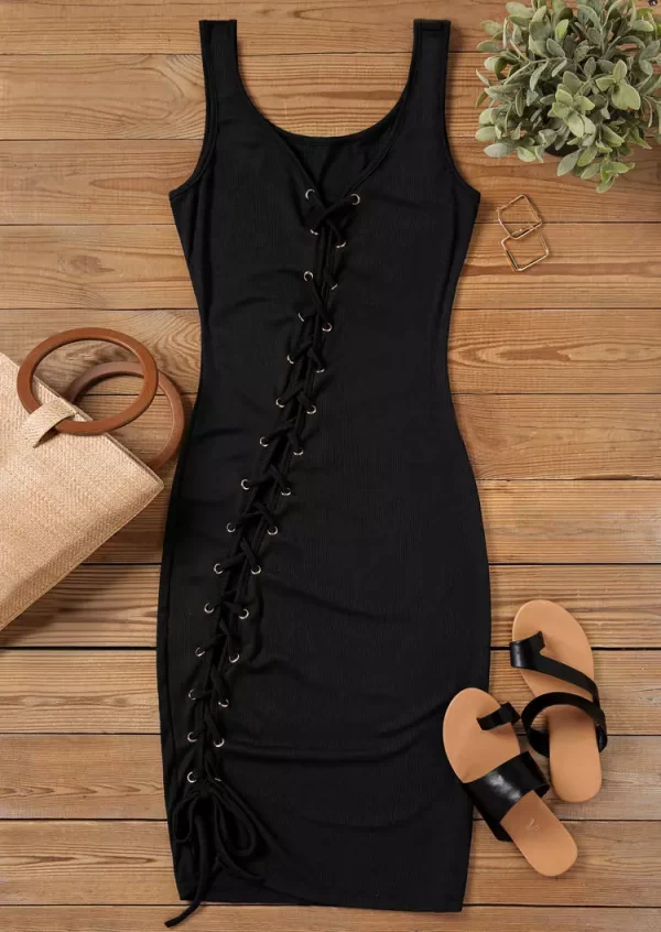 Black Lace Up Sleeveless Bodycon Dress